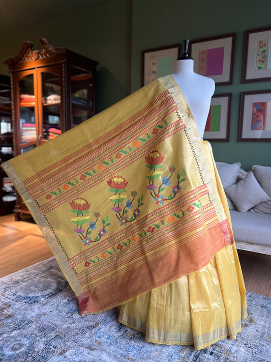 Golden Yellow Cotton Tissue Paithani with Lotus Pallu