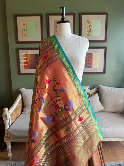 Green x Red Cotton Paithani with Grand Peacock Pallu
