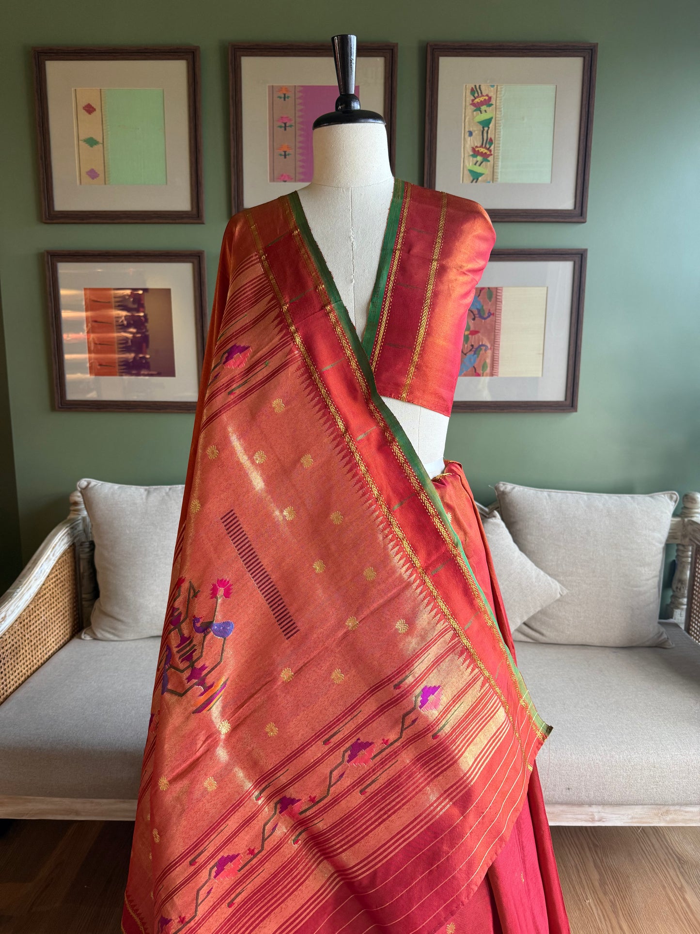 Rust Tissue Paithani with Muniya Border & Peacock Pallu