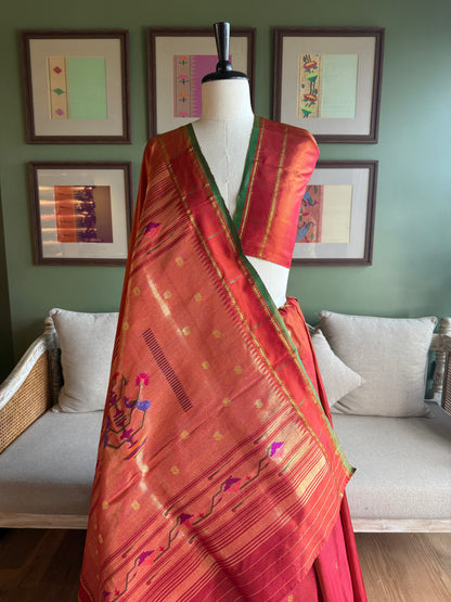 Rust Tissue Paithani with Muniya Border & Peacock Pallu