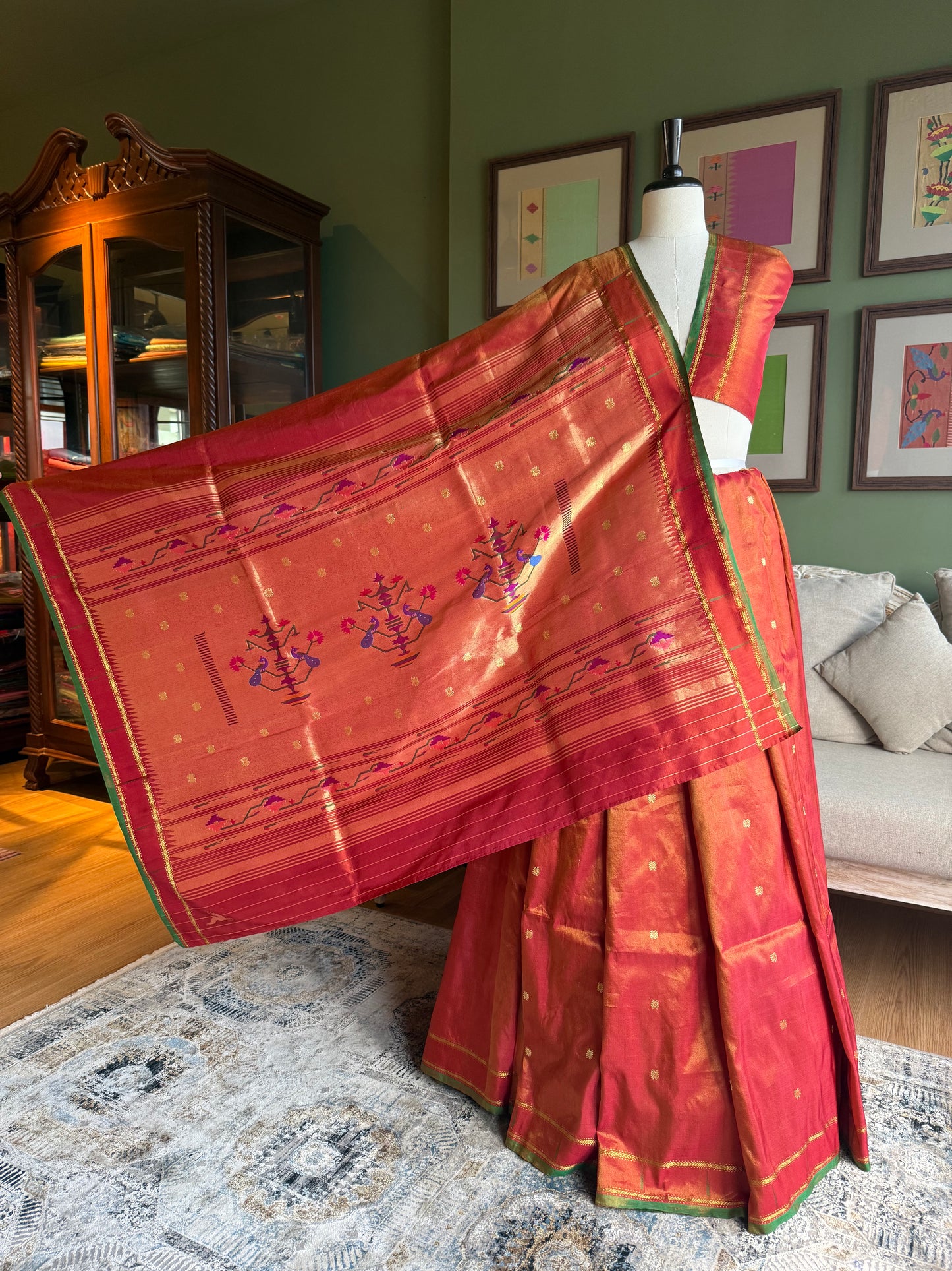 Rust Tissue Paithani with Muniya Border & Peacock Pallu