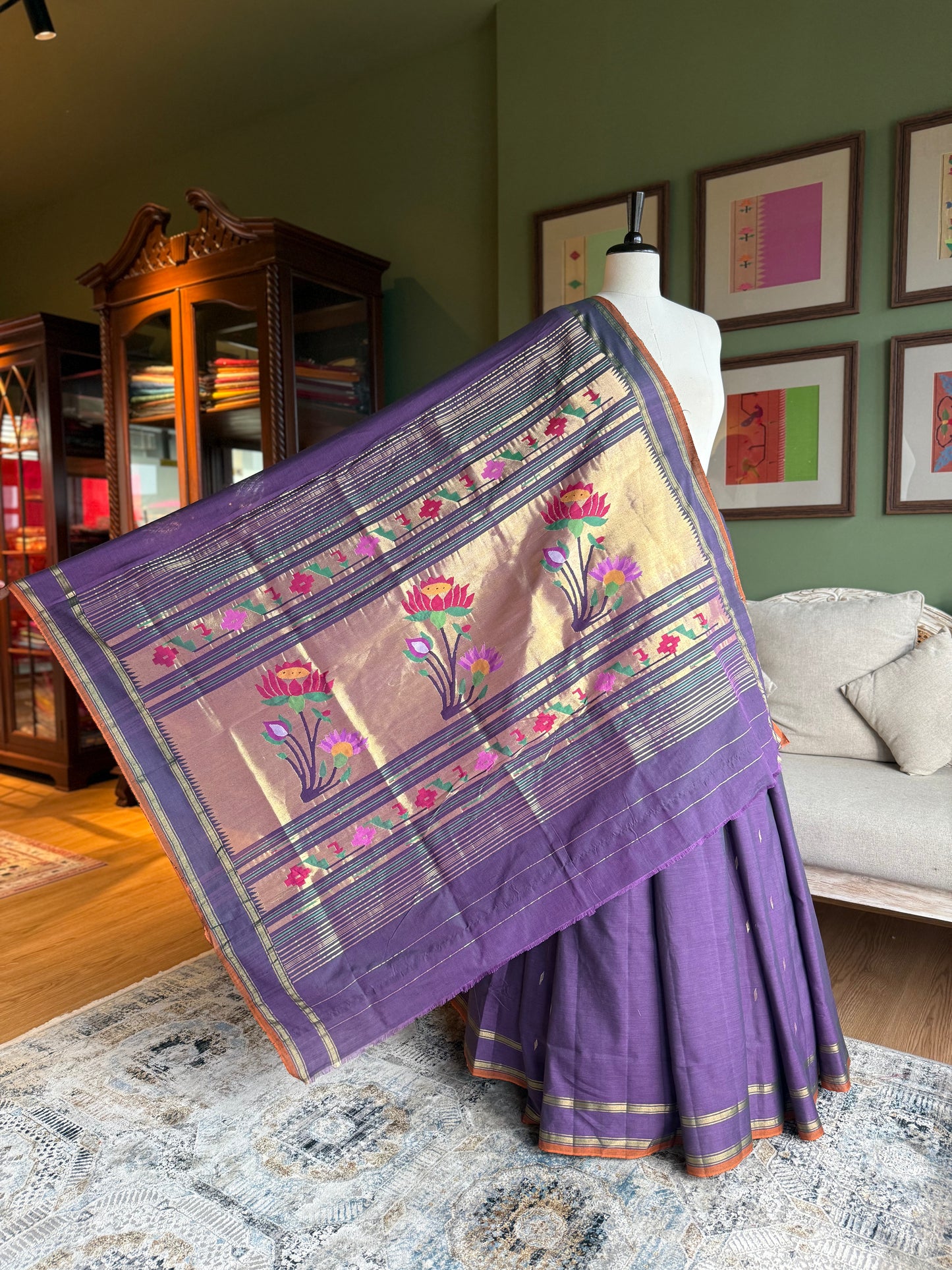 Purple Cotton Paithani with Selvedge and Lotus Pallu