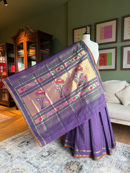 Purple Cotton Paithani with Selvedge and Lotus Pallu