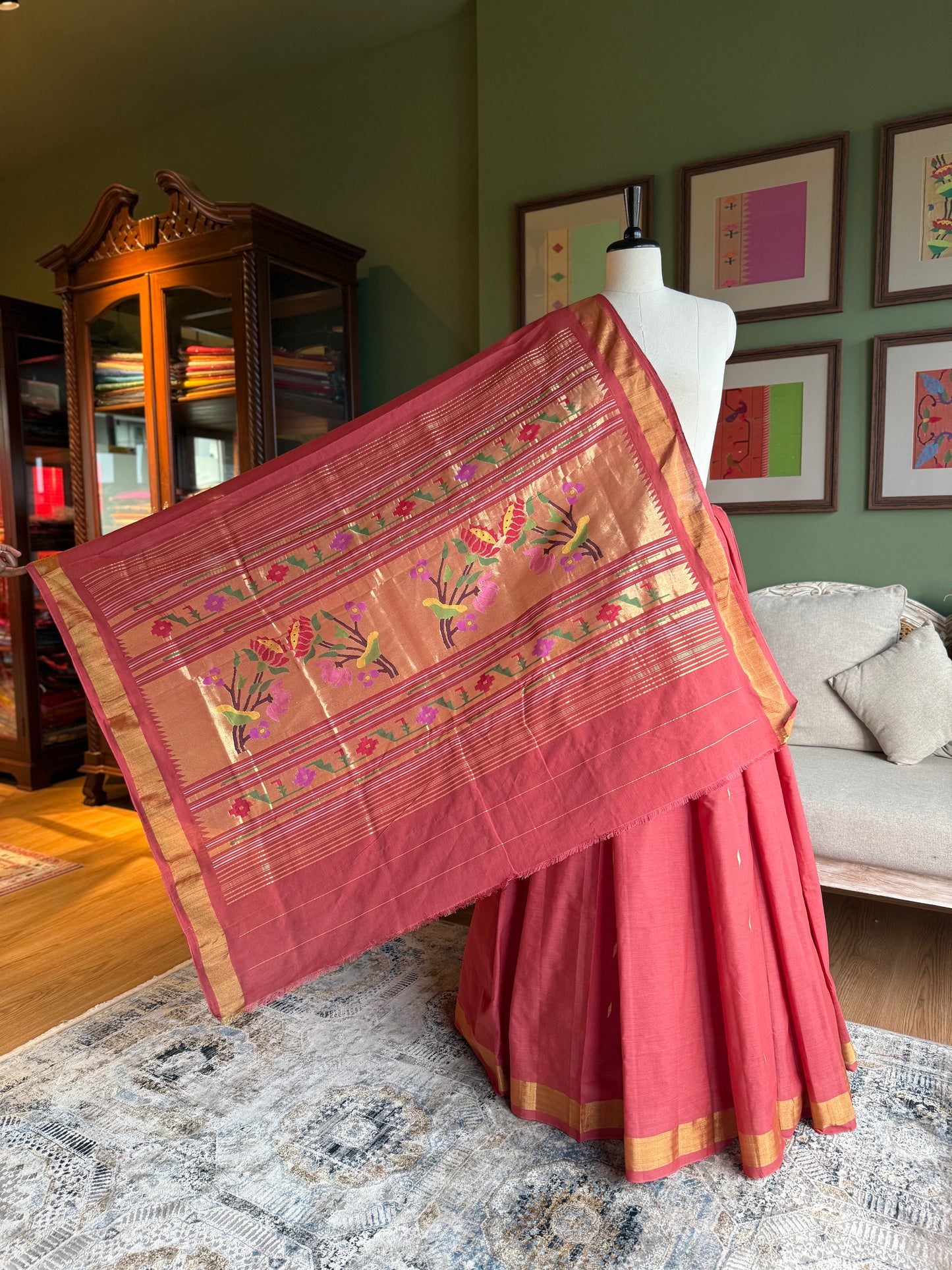 Rust Cotton Paithani with Lotus Pallu