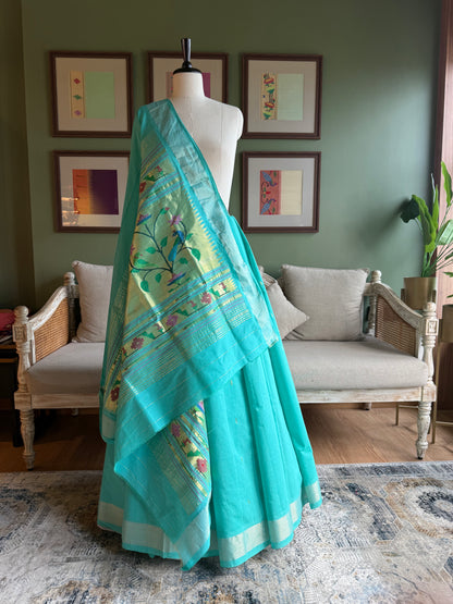 Rama Green Cotton Paithani with Peacock Pallu