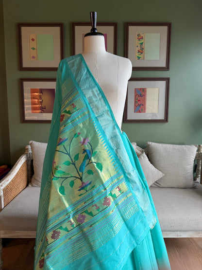 Rama Green Cotton Paithani with Peacock Pallu