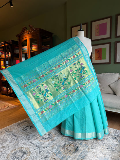 Rama Green Cotton Paithani with Peacock Pallu