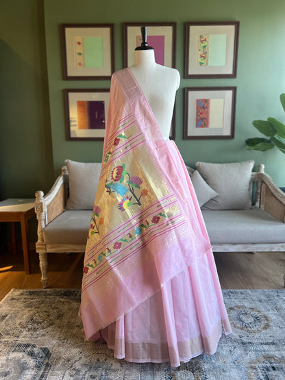 Baby Pink Cotton Paithani with Peacock/Lotus Pallu