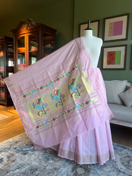 Baby Pink Cotton Paithani with Peacock/Lotus Pallu