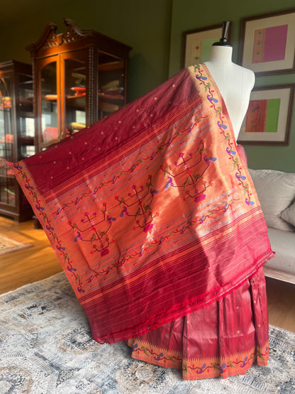 Brick Red Paithani with Peacock Parrot Border and Pallu
