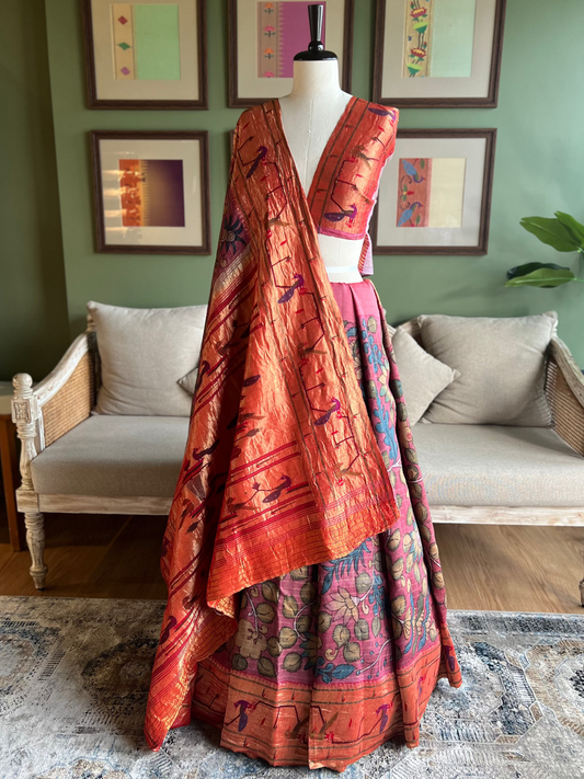 Maroon Kalamkari x Paithani with Parrot-Peacock Border