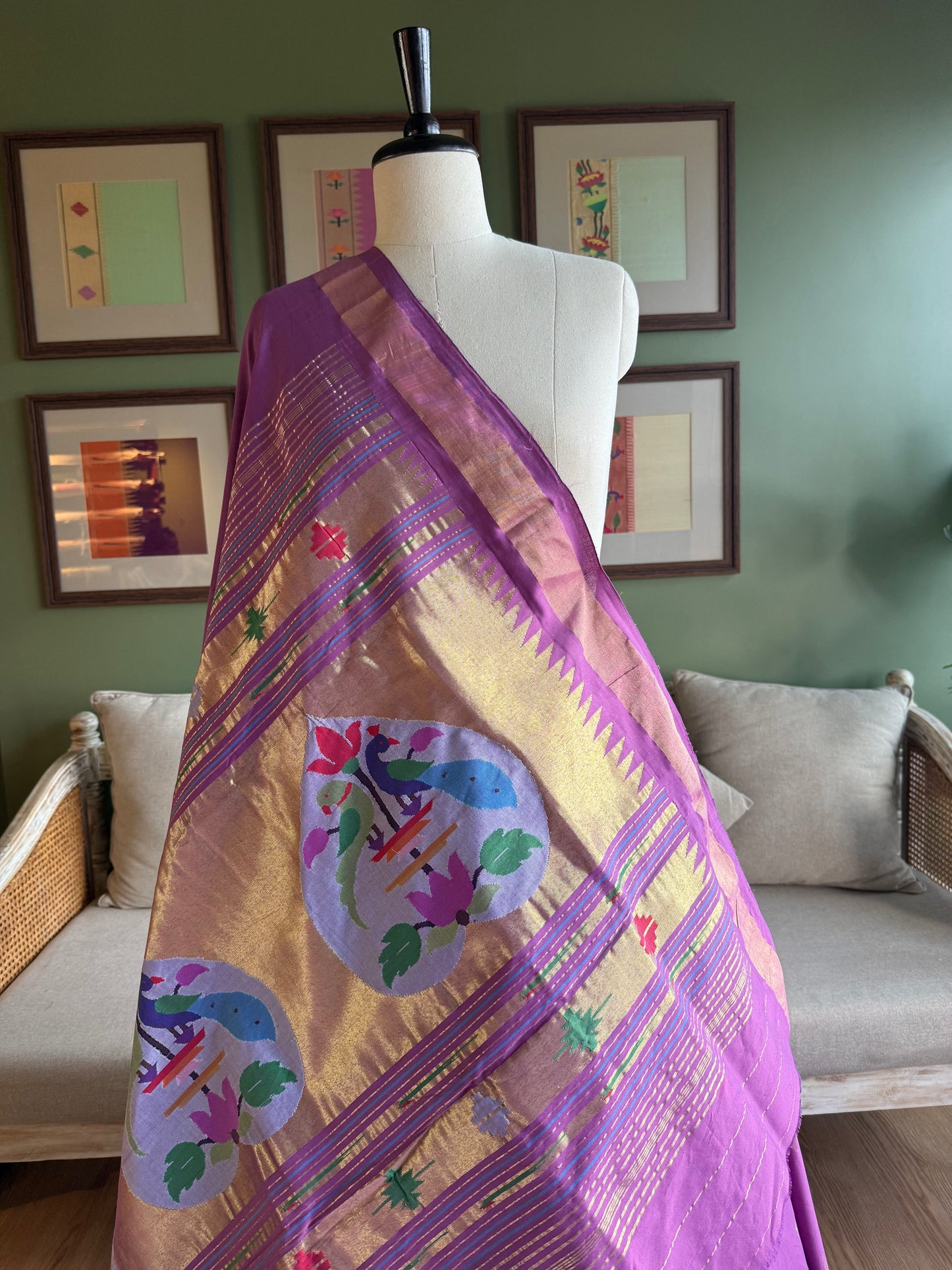 Purple Cotton Paithani with Peacock-Parrot Pallu