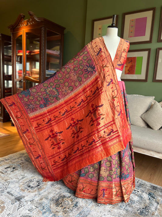 Maroon Kalamkari x Paithani with Parrot-Peacock Border