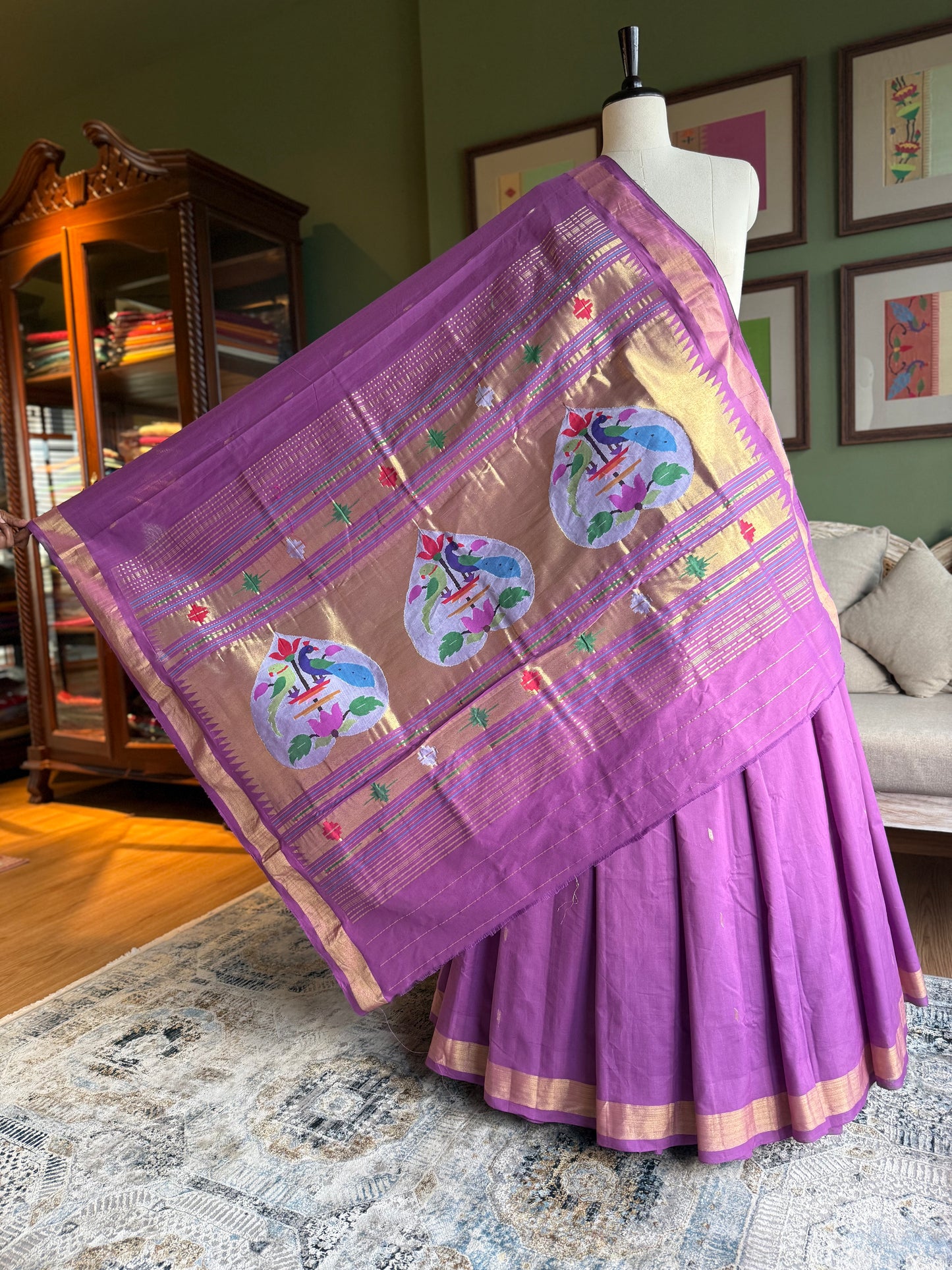 Purple Cotton Paithani with Peacock-Parrot Pallu