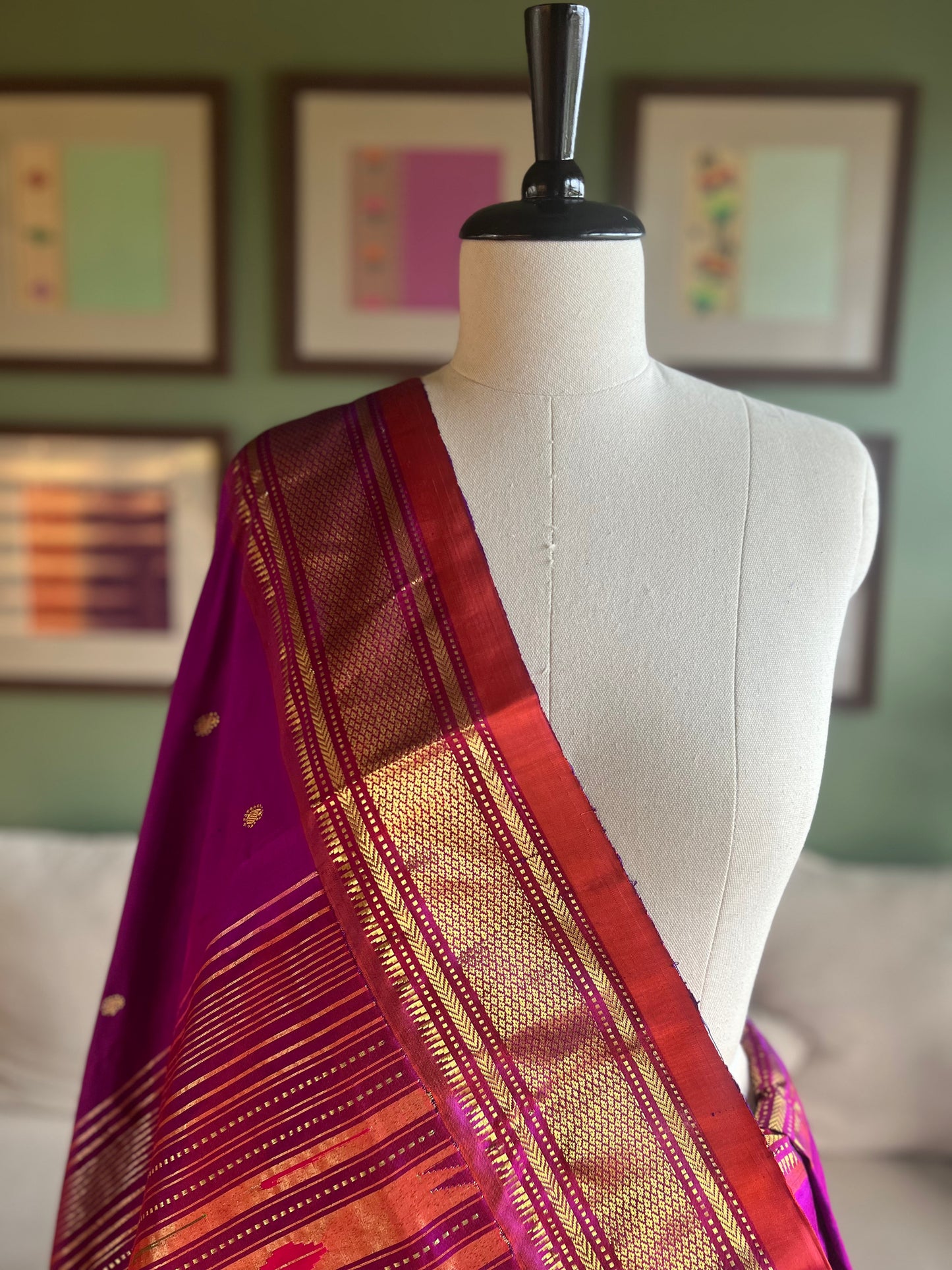 Wine Paithani with Contrast Border and Classic Pallu
