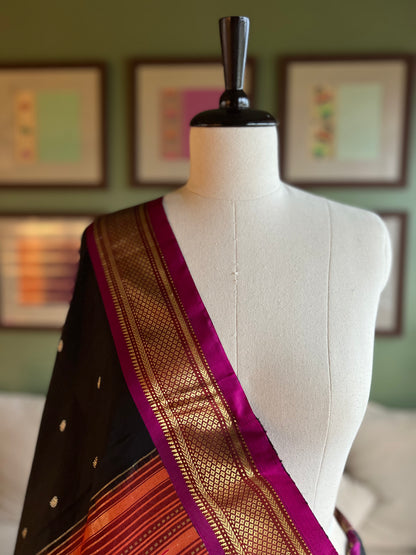 Black Paithani with Contrast Border and Classic Pallu