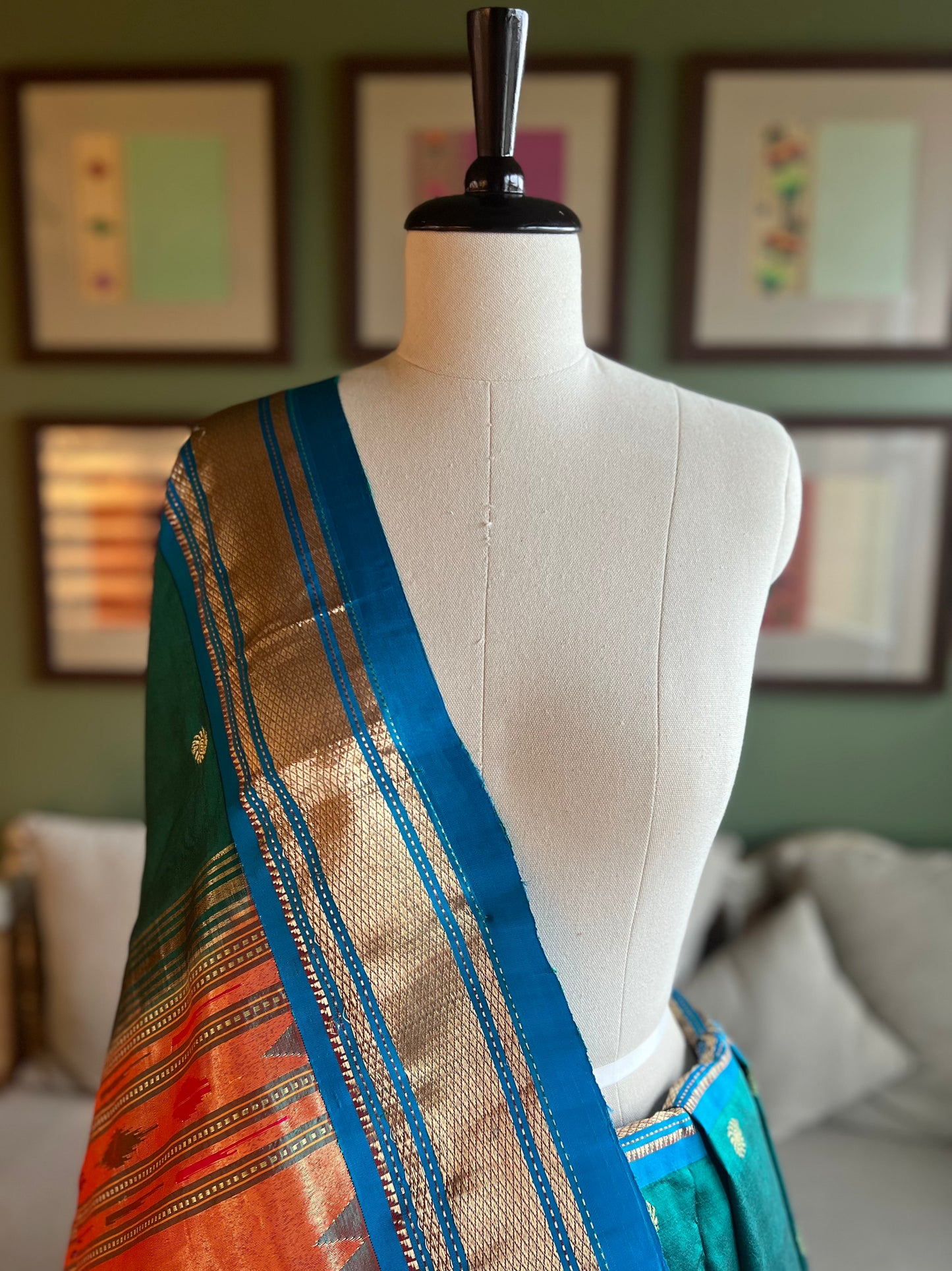 Peacock Green Paithani with Contrast Border and Peacock Pallu