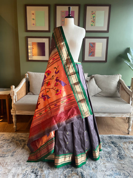 Dark Grey Paithani with Contrast Border and Peacock Pallu