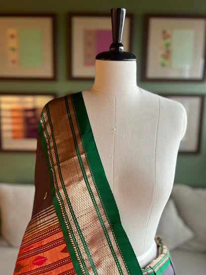 Dark Grey Paithani with Contrast Border and Peacock Pallu