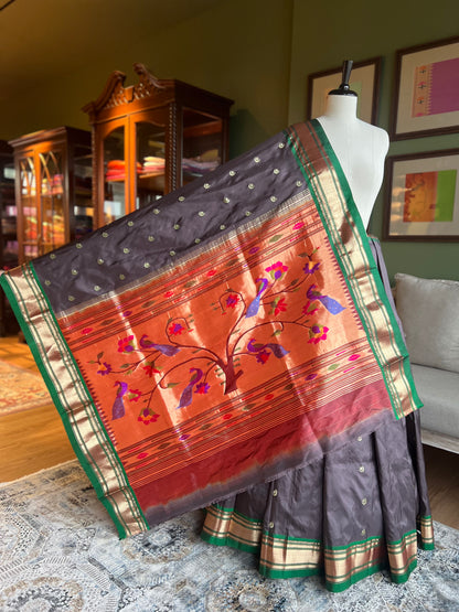 Dark Grey Paithani with Contrast Border and Peacock Pallu