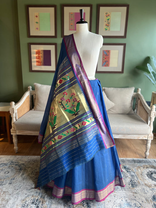 Dark Blue Cotton Paithani with Contrast Border and Asavali Pallu