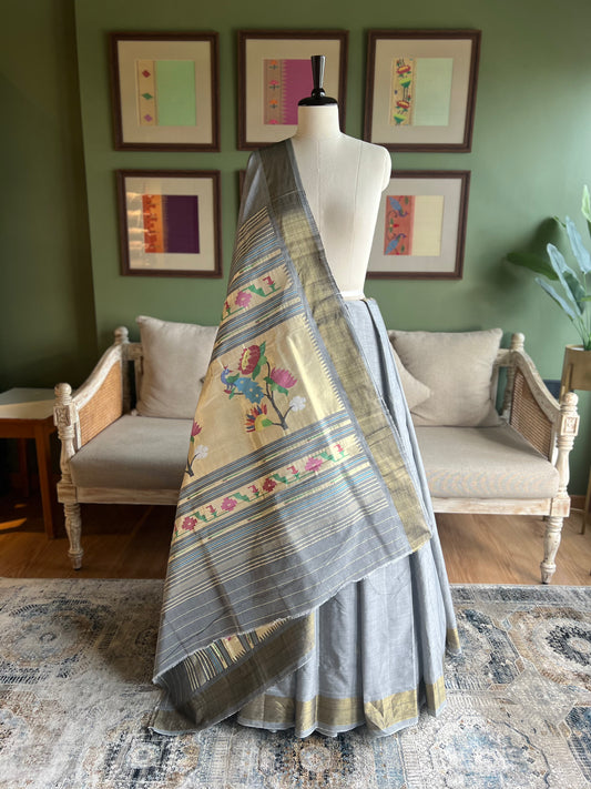 Grey Cotton Paithani with Peacock Pallu