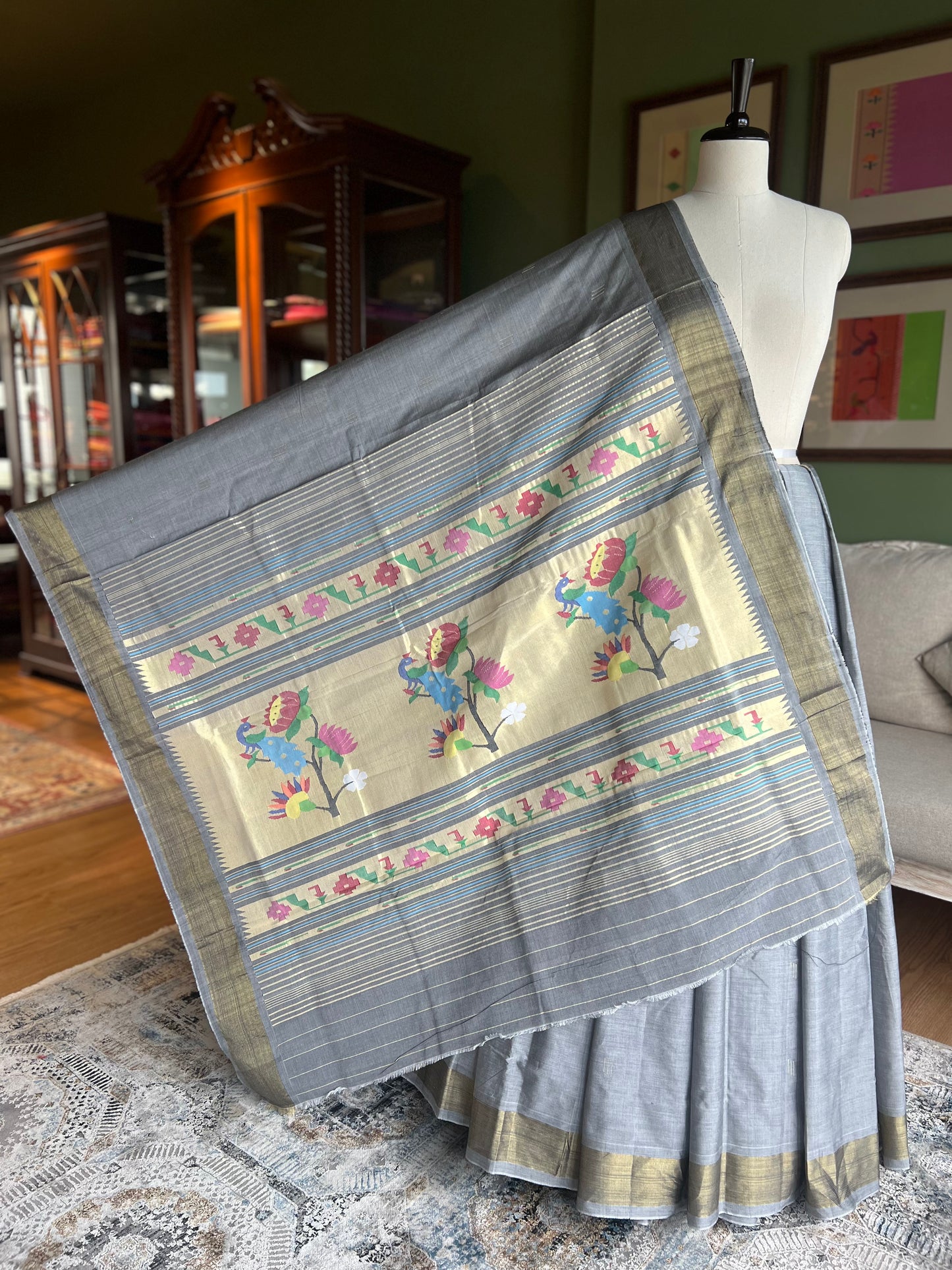 Grey Cotton Paithani with Peacock Pallu