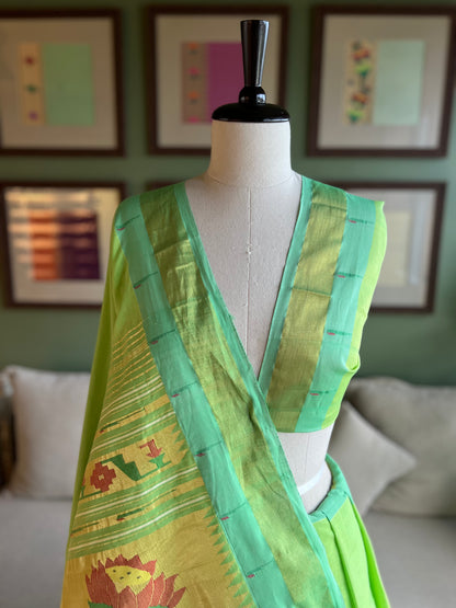 Light Green Cotton Paithani with Muniya Border and Lotus Pallu