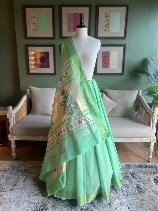 Mint Green Cotton Paithani with Floral Pallu