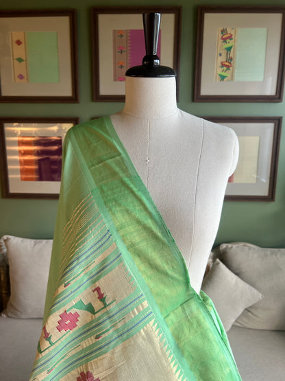 Mint Green Cotton Paithani with Floral Pallu