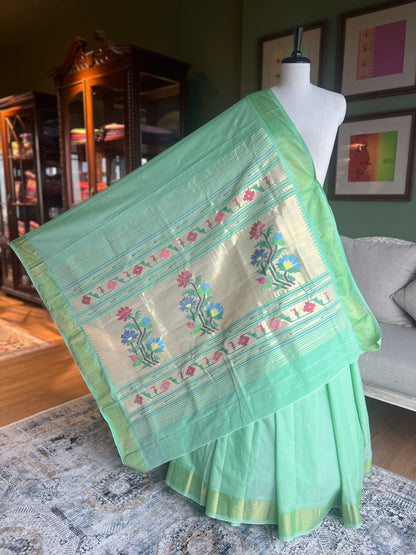 Mint Green Cotton Paithani with Floral Pallu
