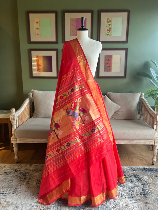 Red Cotton Paithani with Peacock/Lotus Pallu