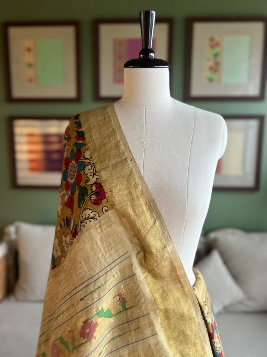 Khaki Kalamkari x Paithani with Asavali Pallu