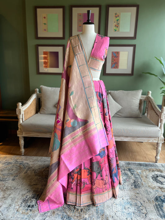 Pink Kalamkari x Paithani with Muniya Border and Radha Krishna Pallu