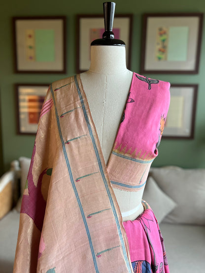 Pink Kalamkari x Paithani with Muniya Border and Radha Krishna Pallu