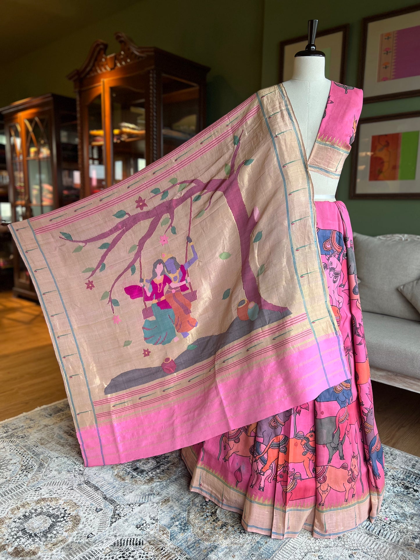 Pink Kalamkari x Paithani with Muniya Border and Radha Krishna Pallu