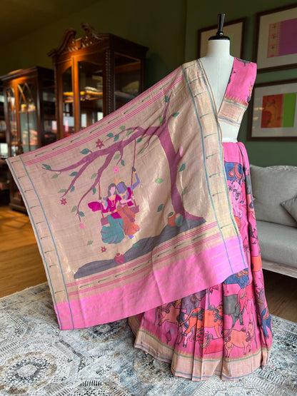 Pink Kalamkari x Paithani with Muniya Border and Radha Krishna Pallu