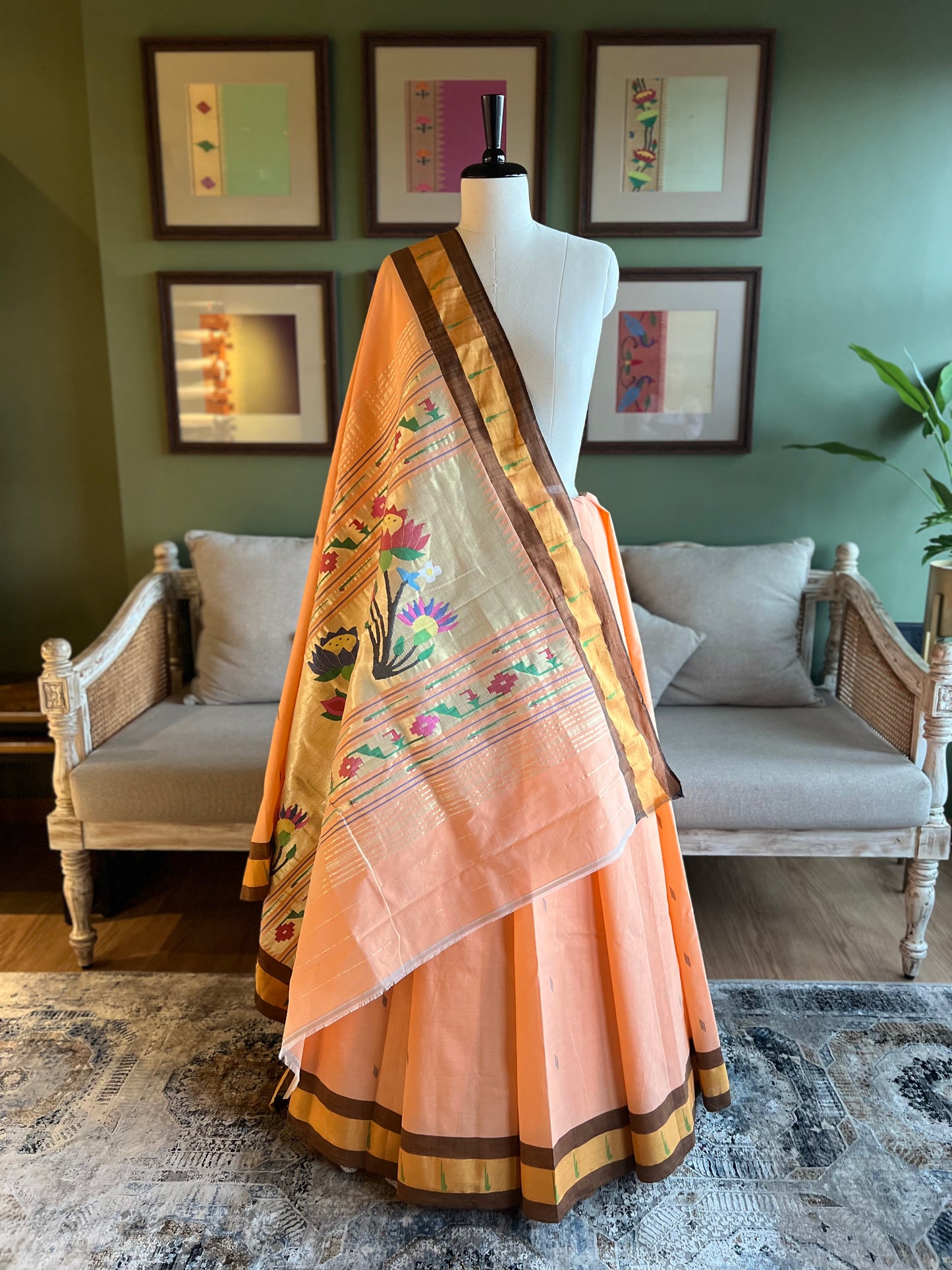 Peach Cotton Paithani with Muniya Border and Lotus Pallu