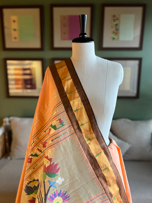 Peach Cotton Paithani with Muniya Border and Lotus Pallu
