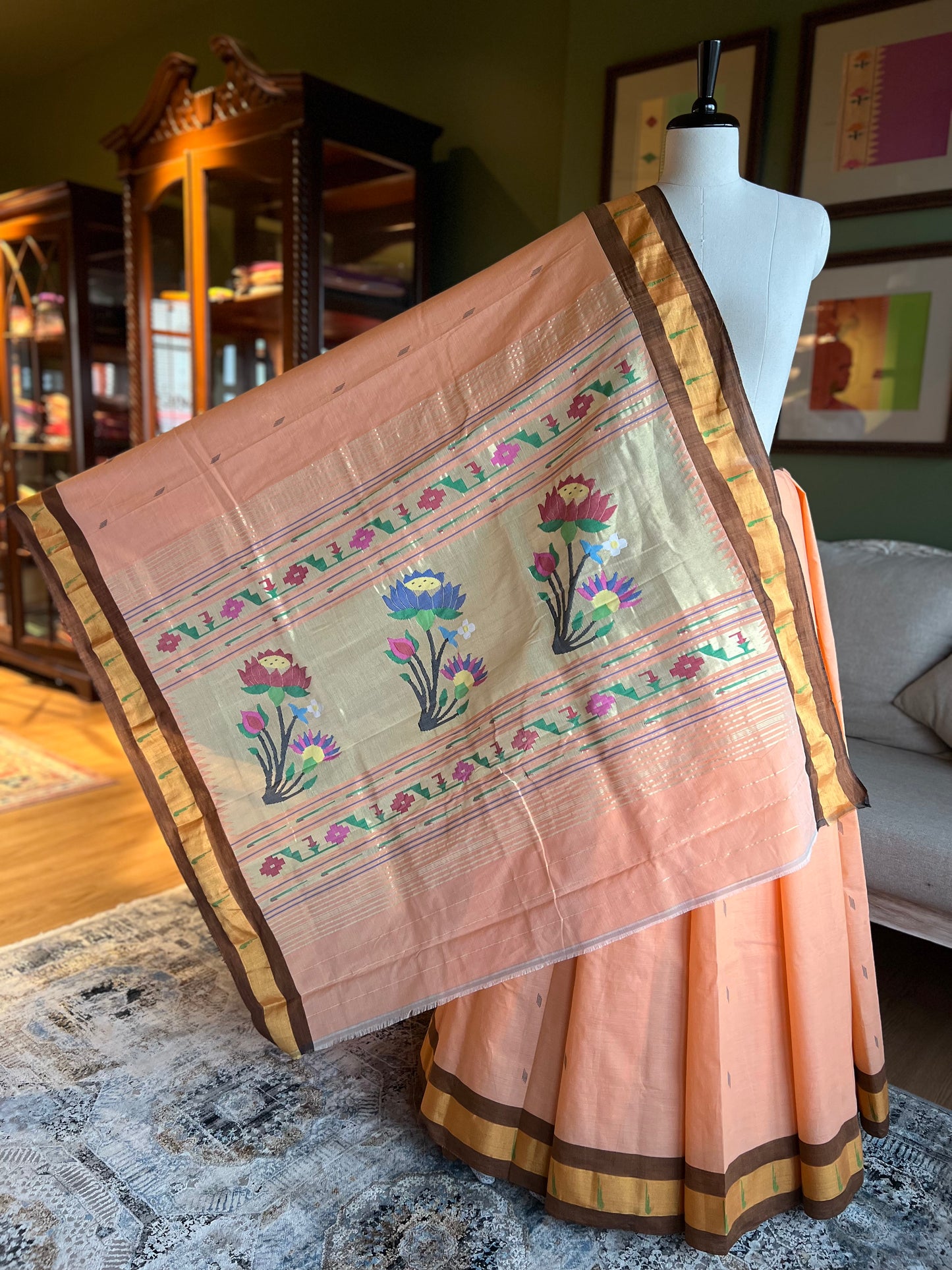 Peach Cotton Paithani with Muniya Border and Lotus Pallu