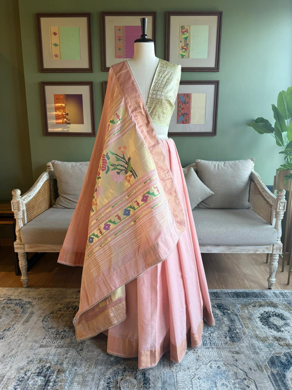 Light Peach Cotton Paithani with Lotus Pallu