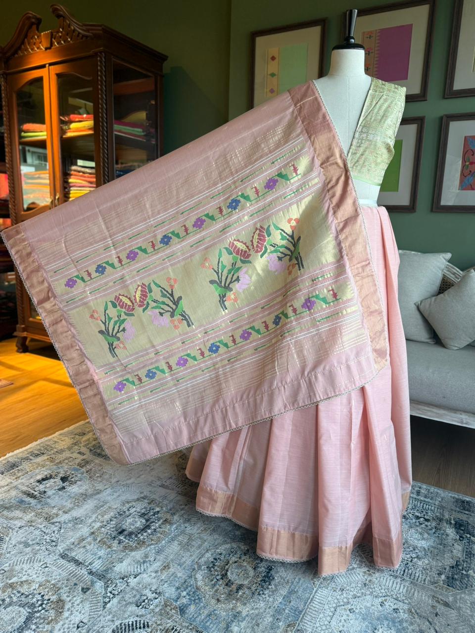 Light Peach Cotton Paithani with Lotus Pallu