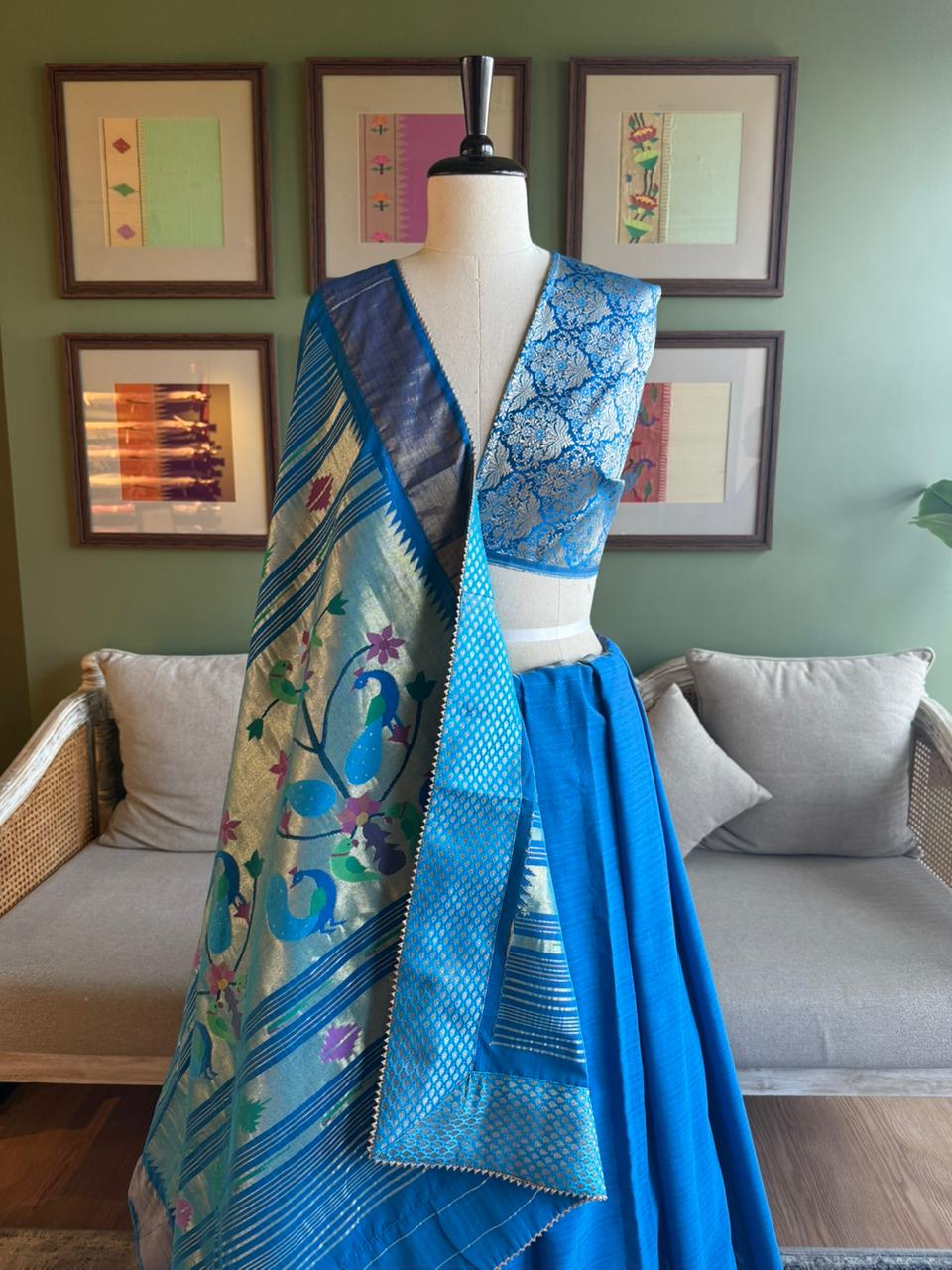 Cobalt Blue Cotton Paithani with Peacock Pallu