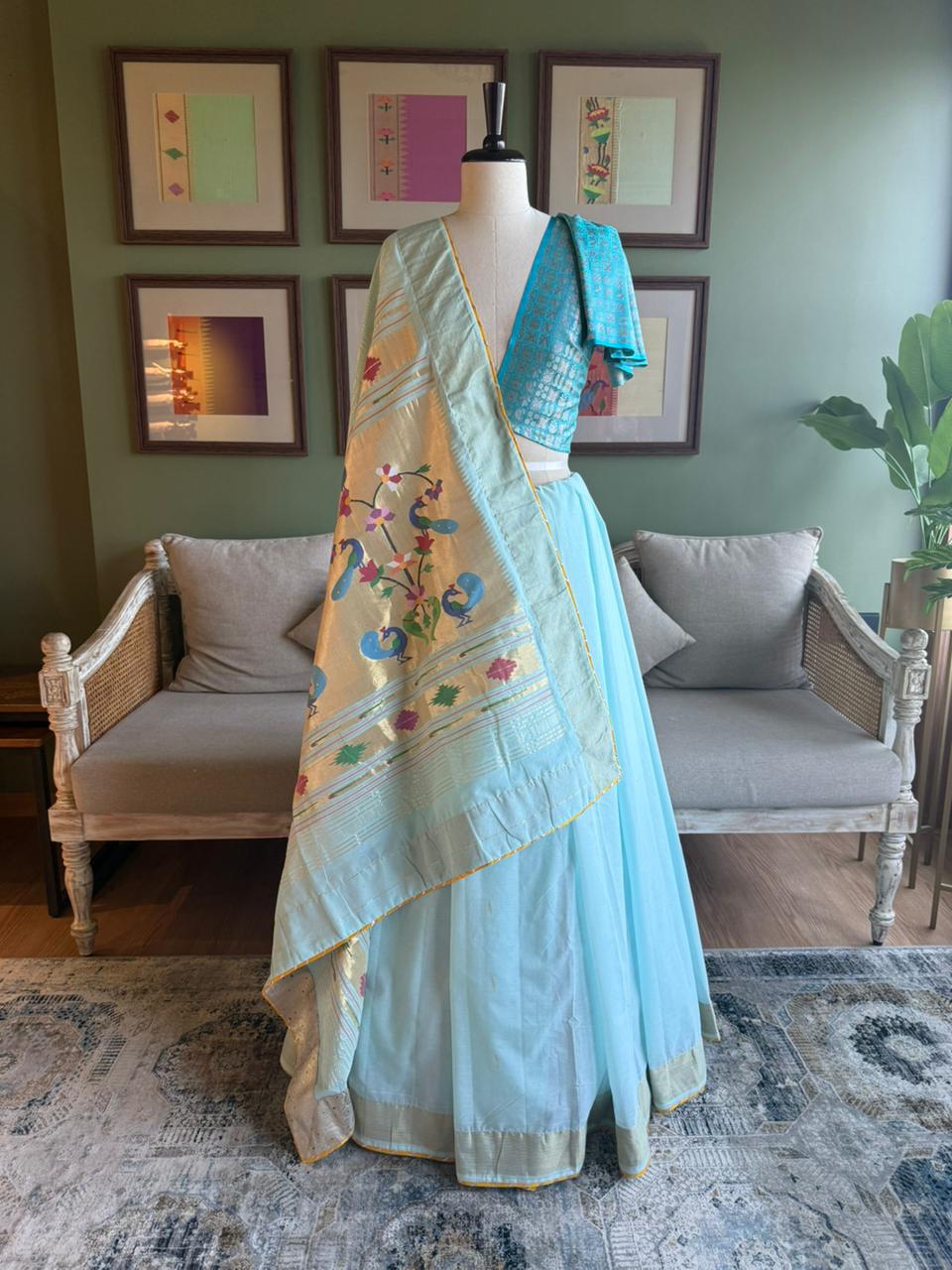 Sky Blue Cotton Paithani with Peacock Pallu