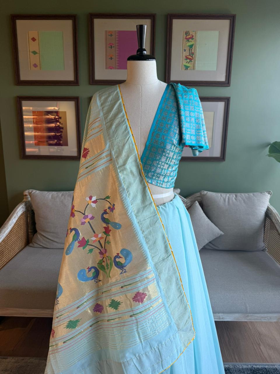 Sky Blue Cotton Paithani with Peacock Pallu