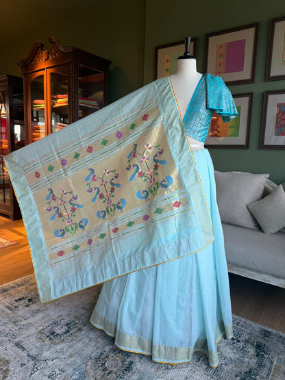 Sky Blue Cotton Paithani with Peacock Pallu