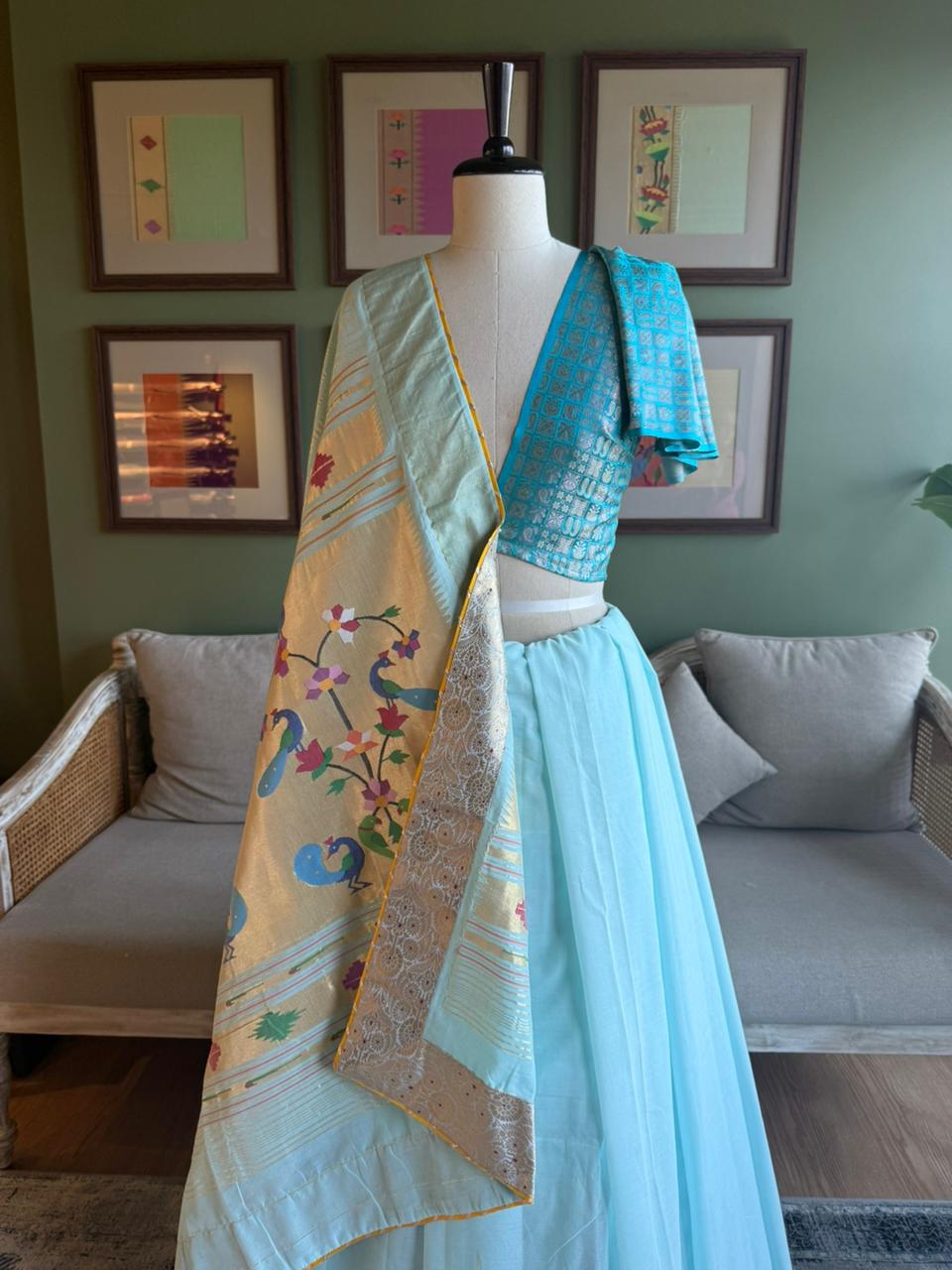 Sky Blue Cotton Paithani with Peacock Pallu