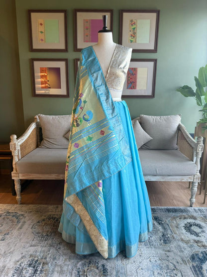 Light Blue Cotton Paithani with Peacock Pallu