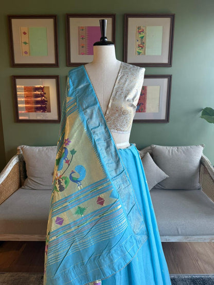 Light Blue Cotton Paithani with Peacock Pallu