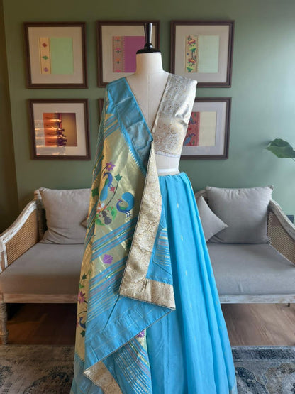 Light Blue Cotton Paithani with Peacock Pallu